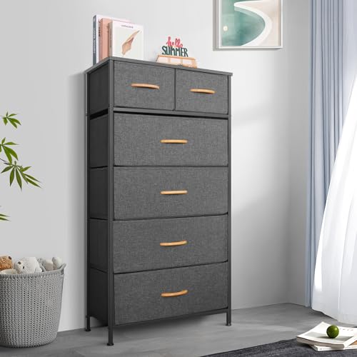 Mifuro Tall Dresser for Bedroom, Vertical Storage Organizer Tower with 6 Drawers, Chest of Drawers with Fabric Bins, Steel Frame, Wood Top for Bedroom, Closet, Entryway- Grey - color: Grey, size: 6 Drawers