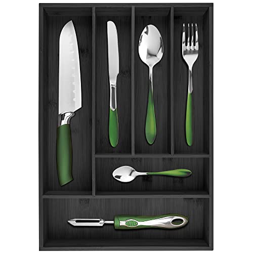 Pristine Bamboo silverware tray organizer– Flatware Utensil Cutlery Silverware Holder for Drawer – Small Extra-Deep Wooden Kitchen Drawer Organizer Divider for Spoons Forks Knives (6-Slots, Black) - color: Black, size: 6 Slot