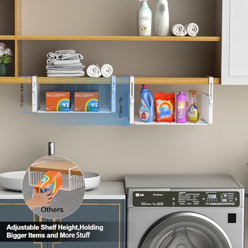 AmonHouseware 2Pack Under Shelf Basket Organizer,Adjustable Hanging Holder Storage for Cabinet Pantry Kitchen Cupboard Desk Counter Bookshelf Organization Add-on Space Saver Heavy Duty Slide-in,White - color: White