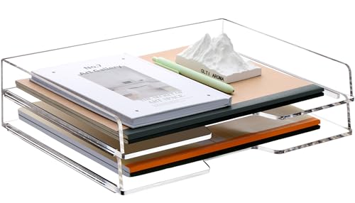 SANRUI Stackable Paper Tray,Acrylic File Organizer,Paper Tray Organizer for Desk,Clear Office Desk Organization for Office, Home or School，2 Tier - style: Enlarged File Trays 2 Tier