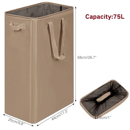 efluky Slim Laundry Basket, Narrow Laundry Hamper with Handles, Collapsible Dirty Clothes Hamper, Tall Laundry Bin for Laundry Room, Dorm and Bedroom, 19.8 Gallon (75L) Flax Brown - color: Flax Brown, size: 75L without Lid