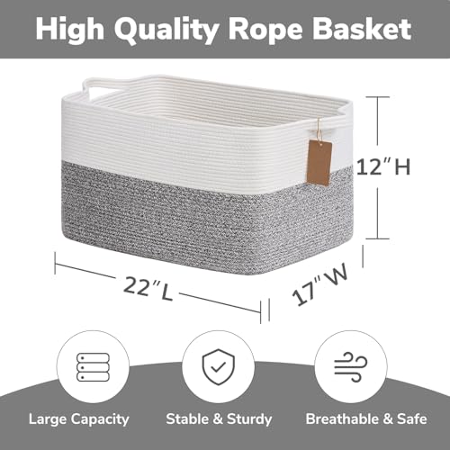 Goodpick Woven Storage Baskets for Organizing 22”x17”x12” Large Blanket Basket for Living Room Home Decor, Rectangle Rope Toy Basket for Kids, Gift Baskets Empty with Handles, Gray - color: Light Grey, size: 22"L x 17"W x 12"H