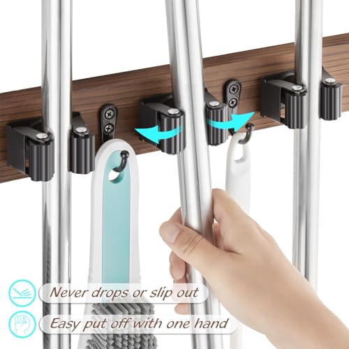OUTNILI Mop and Broom Holder Wall Mount - Wood Broom Mop Hanger - Wall Mounted Garden Tool Rack Organizer for Closet Garage Laundry Room for Rustic Kitchen Decor With 5 Slots & 4 Hooks - color: Brown-5 Grips, size: 1 Pack
