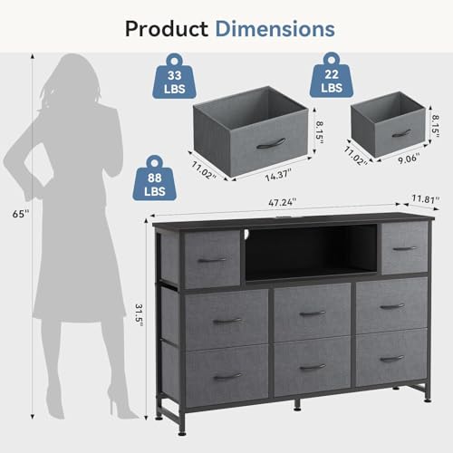 Simple Deluxe TV Stand Dresser with 8 Fabric Drawers and Open Shelves, Entertainment Center with LED Lights & Charging Station, Wood Top for 45" -55" TV, for Bedroom/Living Room/Hallway, Grey - color: Grey, size: 47.24"D x 11.81"W x 31.5"H (8 Drawers)