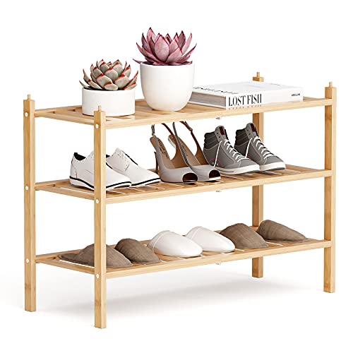 Dranixly Shoe Rack, 3-Tier Bamboo Stackable Shelf Storage Organizer, Stand for Closet, Entryway, Hallway, Bathroom and Living Room（Natural） - color: Natural, size: 3 Tier