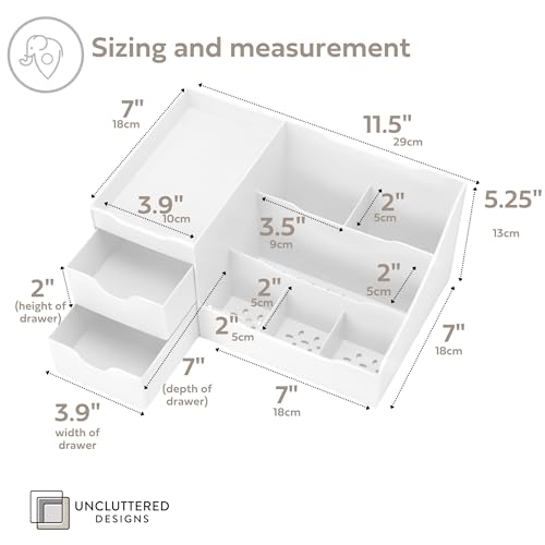 Uncluttered Designs Large Makeup Organizer for Vanity - Countertop Desk With Drawers for Cosmetic, Beauty, Hair, Nail, Perfume & Skincare - Perfect for Bathroom & Bedroom Storage (White) - color: White