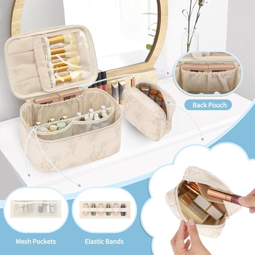OCHEAL Makeup Bag Set, Portable Travel Makeup Bags Cosmetic Organizer Bag for Women Cute Floral Cosmetic Pouch Large Capacity Make up Bag PU Leather Toiletry Bags with Divider and Handle-Beige - color: 0020_Beige Lily Set of 2, size: Medium