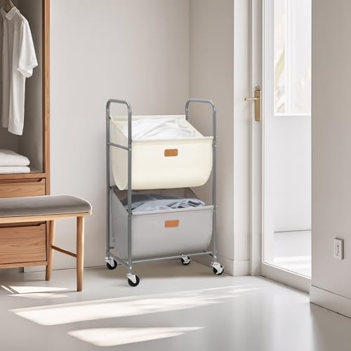 STORAGE MANIAC 80 Liters Vertical Rolling Laundry Hamper, 2 Section Laundry Sorter with Wheels and 2 Breaks, 2-tier Laundry Baskets for Small Space, Dorm, Laundry Room, Closet, Multicolored 2-tier - color: Multicolored, size: 2 Tier