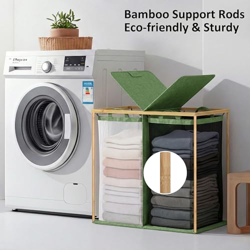 efluky Laundry Hamper with Lid, Double Laundry Hamper with 2 Removable Bags, 2 Section Laundry Basket with Bamboo Handles for Bathroom, Bedroom & Laundry Room,140L Green - color: Green, size: 140L Dual