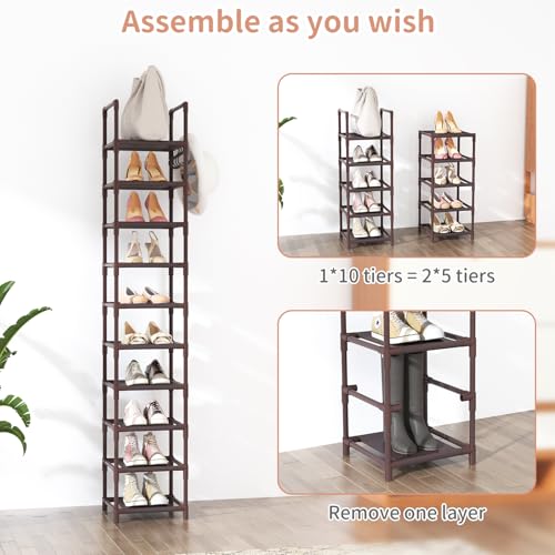 LANTEFUL Tall Shoe Rack 10-Tier Narrow Shoe Shelf Storage for 10-15 Pairs Shoe and Boot, Sturdy Shoe Storage Space Saving Corner Shoe Rack Organizer for Closet, Entryway, Living Room, Brown - color: Brown, size: 10 tiers
