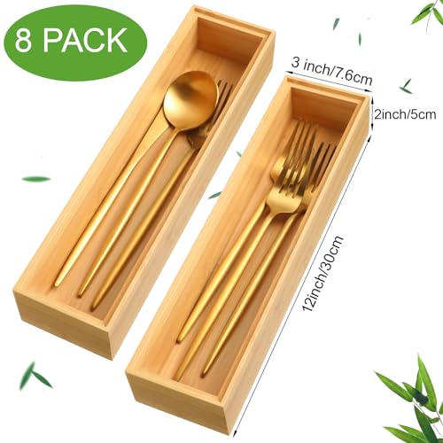 Kigley 8 Pieces Bamboo Drawer Organizer Kitchen Utensils Wooden Utensil Stackable Wooden Storage Box Bamboo Silverware Tray for Drawer(12 x 3 x 2 Inch,Wood) - size: 12 x 3 x 2 Inch