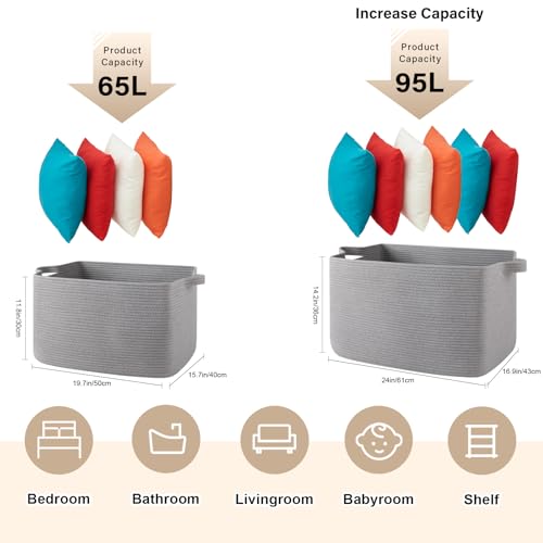 65L Cotton Rope Large Blanket Basket (19.7"x15.7"x11.8") for Living Room, Kids Room & Laundry, Storage Basket with Handle for Organizing Blankets, Pillows, Clothes & Toys, Light Grey - color: Light Grey, size: 19.7"x15.7"x11.8"
