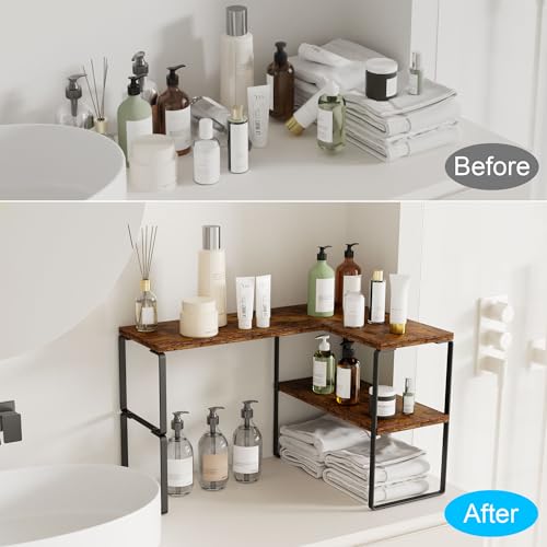 Golener Countertop Organizer Corner Shelf, 2-Tier Adjustable Stackable Corner Shelves for Kitchen, Spice Rack, Coffee Area, Over Sink, Bathroom, Dresser Table, Corner Counter Shelf Stand, Rustic Brown - color: Rustic Brown, size: Medium Standard
