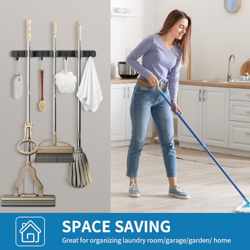 JAMEND CLXP Broom Hanger and Mop Holder, Heavy Duty Garden Tool Organizer Rack Rake and Shovel Handle, Stainless Steel Wall Mounted Utility Rack with Screws (3 Racks with 4 Hooks, Matte Black). - color: 1 Pack, size: 3R4H
