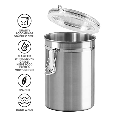 Oggi Stainless Steel Kitchen Canister 62 fl oz - Airtight Clamp Lid, Clear See-Thru Top - Ideal for Kitchen Storage, Food Storage, Pantry Storage. Large Size 5" x 7.5". - color: Stainless Steel, size: 62 Fluid Ounces, style: Airtight Canister