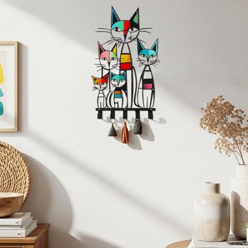 Mid Century Wall Mounted Coat Rack with 5 Hooks Retro Colorful Cat Wall Art Decor Decorative Black Metal Hanger for Coats, Hats, Bags, Keys, Towels for Home, Bathroom, Office (Classic) - style: Classic