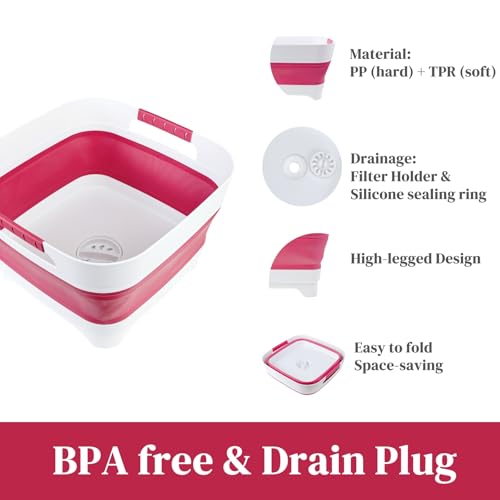 GIMWA 2.6 Gal(10L) Collapsible Camping Sink, Magenta Space-Saving Collapsible Dish Basin with Drain Plug for bottle washing, Collapsible Bucket for RV Essentials and Foot Soaking - color: Magenta