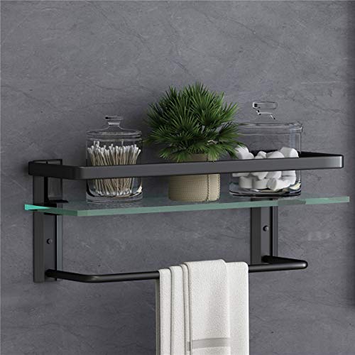 VOLPONE Bathroom Glass Shelf with Towel Bar Black Bathroom Shelf Wall Mount Rustproof Bathroom Wall Organizer Towel Rails1 Tier (Black) - style: 1 tier with towel bar black