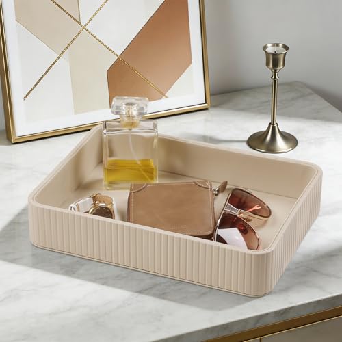 Desk Organizer Tray, PU Leather Nightstand Organizer Perfume Valet Tray for Men Women, Decorative Vanity Trays Trinket Dish Key Bowl for Entryway Table (2pcs, Beige, Large+Small) - color: Beige, size: 11.5" x 8.3" x 2.2"& 9.5" x 6" x 2.2"