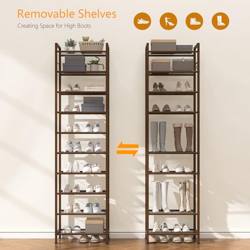 usikey 10 Tiers Narrow Shoe Rack 20-30 Pairs, Sturdy Metal Tall Shoe Rack Shelf with 4 Hooks, Slim Shoe Storage with Metal Shelf, Space Saving Vertical Shoe Organizer for Entryway Bronze UNYXJX018A - color: 10 Tier ( 17.9 X 11 X 69.2 Inches)-bronze