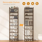 usikey 10 Tiers Narrow Shoe Rack 20-30 Pairs, Sturdy Metal Tall Shoe Rack Shelf with 4 Hooks, Slim Shoe Storage with Metal Shelf, Space Saving Vertical Shoe Organizer for Entryway Bronze UNYXJX018A - color: 10 Tier ( 17.9 X 11 X 69.2 Inches)-bronze