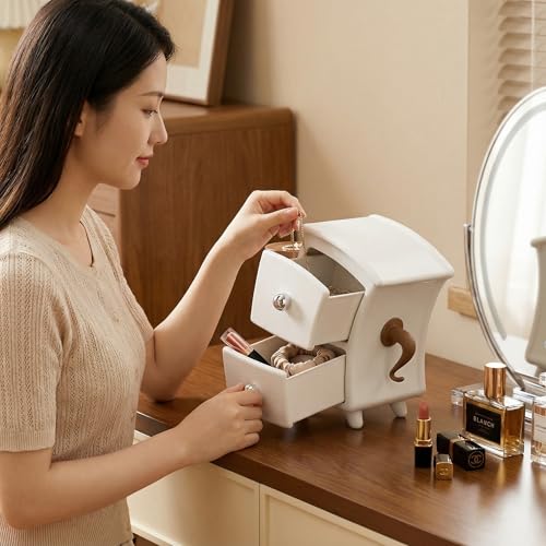 Cute Whimsical Desktop Organizer with 2 Drawers, Small Storage Box, Aesthetic Room Decor, Thick Smooth Plastic, 4.7×4.7×8.7 Inch, for Jewelry, Stationery, Accessories, Unique Gift for Women & Girls