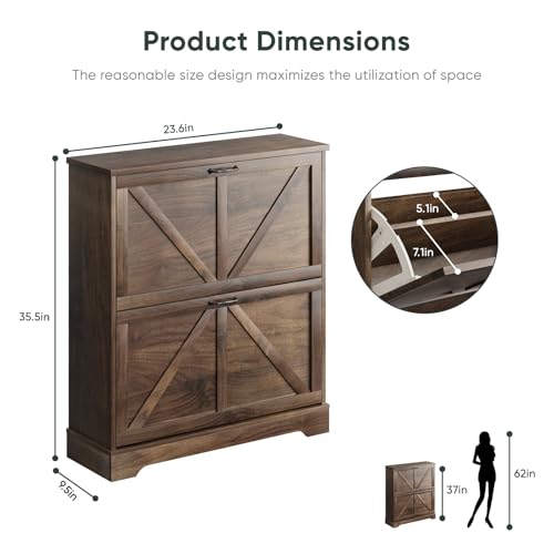 Smart FENDEE Shoe Cabinet, Shoe Storage Cabinet for Entryway with 2 Flip Drawers, Narrow Farmhouse Shoe Organizer Cabinet, Slim Shoe Rack Cabinet, 31.5in Walnut - color: Walnut, size: Width - 31.5 inches