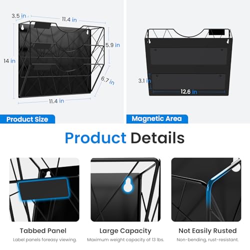 Patvingot Magnetic File Holder for Refrigerator & Cabinets | No-Drill Wall Mount Organizer | 3-Tier Vertical Mail & Magazine Holder for Office/Home (Black, Space-Saving Design)