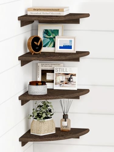 Forbena Floating Corner Shelves for Wall Set of 4, Small Corner Bookshelf for Bedroom Books, Round Wooden Corner Shelf Wall Mount for Bathroom Plants, Kitchen, Living Room Decor (Dark Brown) - color: 3. Rustic Brown, size: 10" Depth