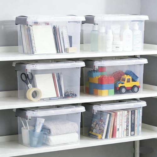 6-Pack Home Storage Bins, Plastic Container, Latching Box with Handle (Grey handle) - color: Grey handle