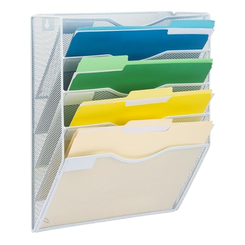 EASEPRES 5 Pocket Mesh Hanging Wall File Organizer, Wall Mounted Mail Paper Document Folder Holder, Clipboard Storage Organization Magazine Rack with Nametag Label for Office Home School, White - color: White, size: 5 Tier