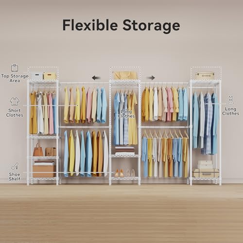 M2 Heavy Duty Clothes Rack, Expandable Large Clothing Rack from 8'4"-11'2", Closet Organizer System for Reach-in Closet, White Wardrobe Closet with Extended Hanging Rods, Max Load 1000LBS - color: White