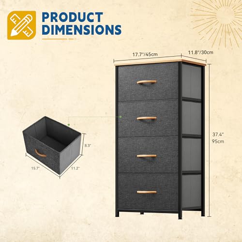 DWVO 4 Drawers Dresser, Small Dresser for Bedroom, Fabric Storage Tower, Chest of Drawers, Organizer Unit for Closets, Living Room, Sturdy Steel Frame, Wooden Top, Easy Pull Handle - color: A - Cool Dark Grey, style: 4-Drawer