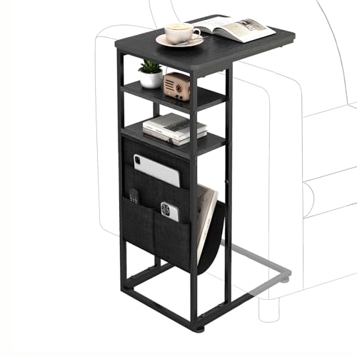 C Shaped End Table 28"(H) 3-Tier C Table with Storage Bag, Under Couch Table C-Shaped End Table with Storage Shelves and Bag for Living Room, Bedroom, or Office - color: Black, size: Wood
