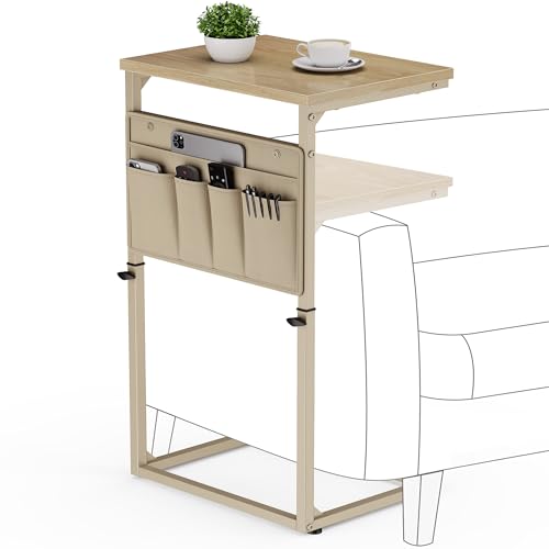 Vagusicc C Shaped End Table, 32'' Tall Side Table for Couch, Adjustable Height Small Couch Side Table for Small Spaces, End Table Slide Under Sofa Table TV Tray Table Arm Table for Living Room - color: Natural