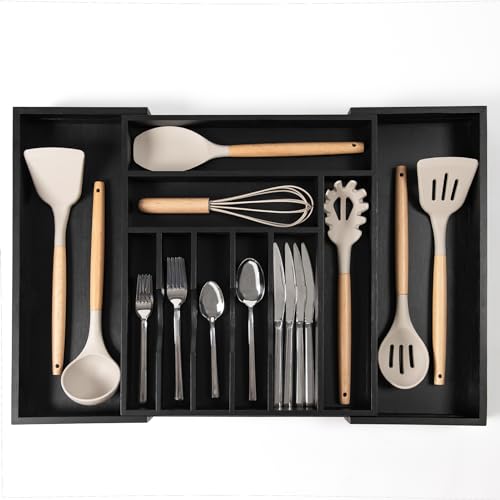 KitchenEdge Premium Silverware, Flatware and Utensil Organizer for Kitchen Drawers, Food-Safe Contract Grade, Expandable from 14.5 to 25 In, Black Bamboo - color: Black Bamboo, size: From 14.5" to 25" wide