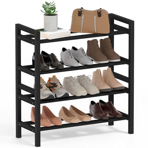Haddockway Bamboo Shoe Rack for Closet, Free Standing Shoe Organizer with Smooth Round Rods & Convenient Handles, Stackable Shoe Storage Shelf for Entryway, Hallway(Black, 4-Tier(Small)) - color: Black, size: 4-Tier_Small