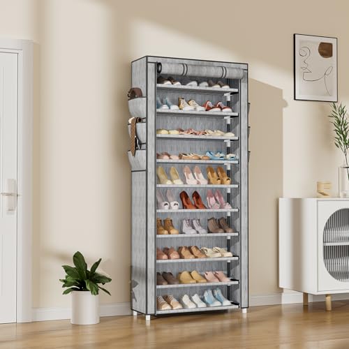 VTRIN Vertical Narrow Shoe Rack Organizer Tall Shoe Rack for Closet Entryway 10 Tier Non-Woven Cover Shoe Shelf Holds 36-41 Pairs Free Standing Shoe Storage Cabinet with Dustproof Cover, Multi Color - color: Multi Colo, size: 24.8"W x11.8"D x 68.9"H