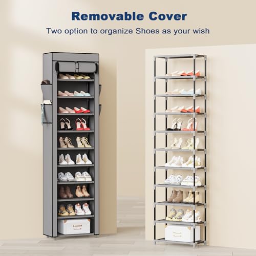 Mavivegue Shoe Rack with Cover, 10 Tier Tall Shoe Organizer for 18-22 Pairs of Shoes, Shoe Storage Organizer for Entryway, Closet, Garage, Grey, S - color: Grey