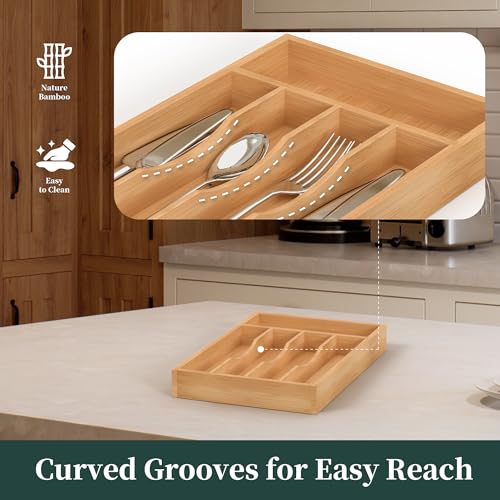 Silverware Organizer, Bamboo Kitchen Drawer Organizer, Utensil Holder, Cutlery Tray & Spoon Flatware Storage with Grooved Drawer Dividers (8.5''W x 13''D) - color: Natural, size: 8.5''W x 13''D