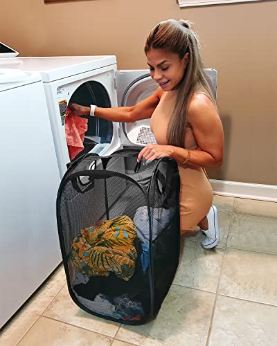 2 Pcs Strong Mesh Pop-up Laundry Hamper, Quality Pop Up Hampers for Laundry with Durable Handles Solid Bottom High Carbon Steel Frame, Easy to Open and Fold Flat for Storage(Black) - color: Black, size: 2-Pack