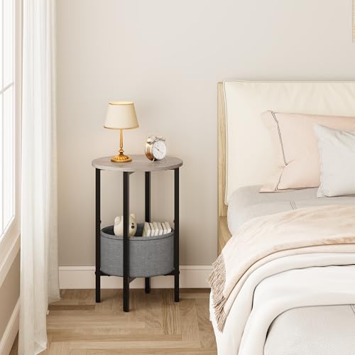 Vagusicc Round Side Table End Table with Storage Basket, Small Side Table Round Nightstand for Small Spaces, Tall Oval End Table with Steel Frame, Coffee Bedside Table for Living Room Bedroom, Greige - color: Greige