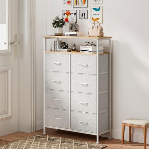 DUMOS Fabric Dresser for Bedroom with 8 Drawers, Tall 8-Drawer Chest of Drawers with Raised Shelf, Storage Tower with Fabric Bins for Closet Organization, Hallway Storage, Light Grey - color: Light Grey, size: 31.5"D x 45.9"W x 11.8"H (8 Drawers)