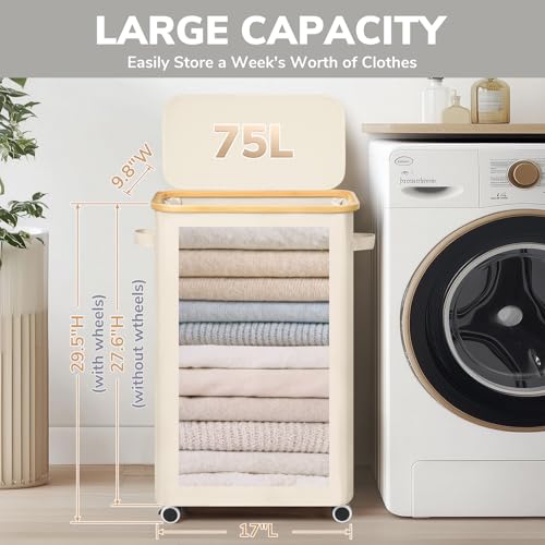 Goodpick Slim Laundry Basket with Wheels and Lid, 75L Narrow Laundry Hamper with Handles Removable Bag, Rolling Clothes Hamper for Dorm Bathroom Bedroom, 17" x 9.8" x 29.5", Beige - color: Beige, size: 75L (17"L x 9.8"W x 29.5"H)