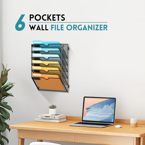 SUPEASY 6 Tier Wall File Organizer, Hanging Wall Mounted Mail Organizer with Label Slots, Metal Mesh File Holder Magazine Rack for Office, Home, School or Classroom, Black - color: Black, size: 6-Tier