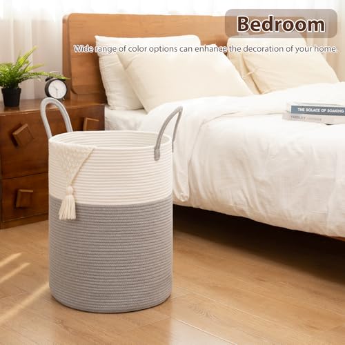 OIAHOMY Large Laundry Basket Hamper - 100L Cotton Rope Woven Basket for Blankets, Toys, Clothes - Tall Decorative Nursery Hamper with Long Handles, Grey/White - color: Grey/White, size: 100L