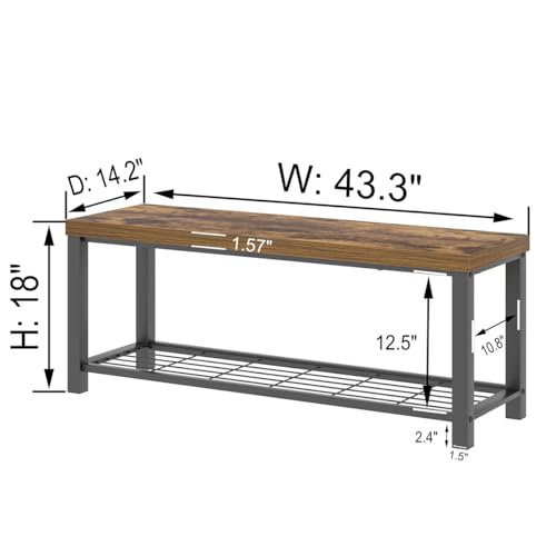 EXCEFUR Entryway Bench, Modern Wood and Metal Storage Bench for Hallway Front Door Entrance, Industrial Indoor Shoe Rack Bench Seat for Living Room Bedroom, 43.3 Inch Rustic Brown - color: Rustic Brown, size: 2-Tier