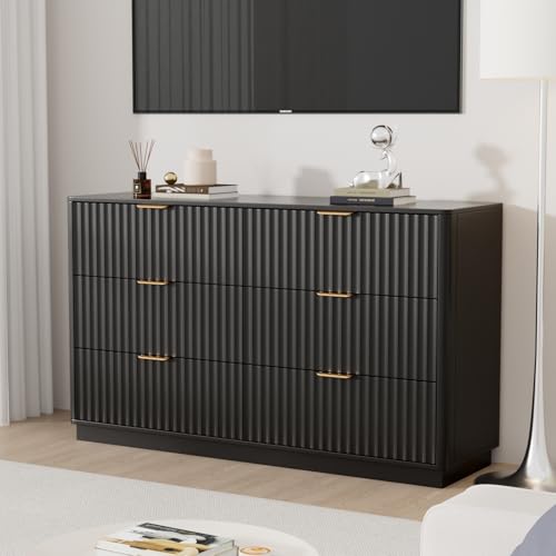 VOWNER Fluted 6 Drawers Dresser for Bedroom, 54" Wide Modern Chest of Drawers with Metal Handle, Closet Clothes Storage Organizer, Wood Dresser TV Stand for Living Room, Closet, Hallway, Entryway - color: Black