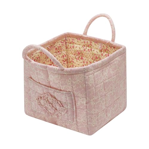 Quilted Fabric Storage Basket with Handles & Pocket, Foldable Laundry Hamper Boho Floral Print Organizer Bin for Home, Picnic, Office 12"x10"x10" (A-4) - color: A-4