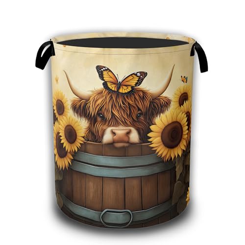 Highland Cow Laundry Hamper,Sunflower Butterflies Collapsible Laundry Baskets Waterproof Oxford Cloth With Handles,Clothes Storage Bucket Toy Organizer For Bathroom/Nursery/Bedroom 16" x 20.8" - color: Highland Cow,Sunflower Butterflies